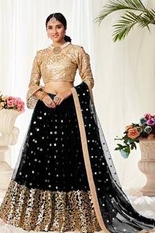 Black embroidered net semi stitched lehenga
