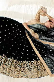 Black embroidered net semi stitched lehenga