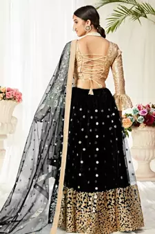 Black embroidered net semi stitched lehenga