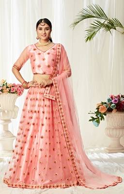 Peach embroidered net semi stitched lehenga 1