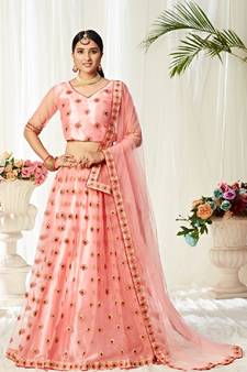 Peach embroidered net semi stitched lehenga