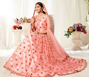 Peach embroidered net semi stitched lehenga 3