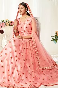 Peach embroidered net semi stitched lehenga