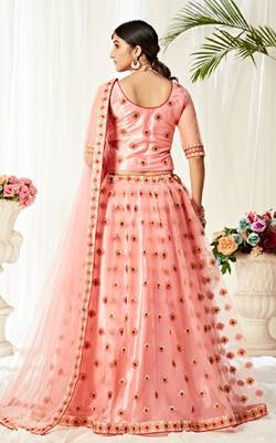 Peach embroidered net semi stitched lehenga 4