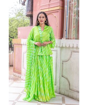 green pure hand tie and die lehenga with bijiya and white tassels 5