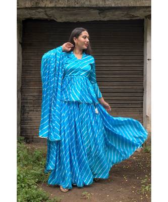 blue pure hand tie and die lehenga with bijiya and white tassels 1