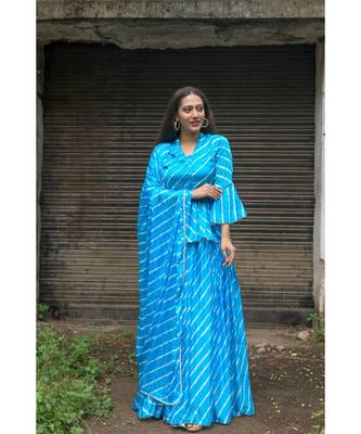 blue pure hand tie and die lehenga with bijiya and white tassels 2