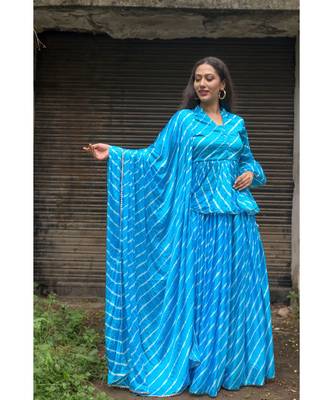 blue pure hand tie and die lehenga with bijiya and white tassels 3