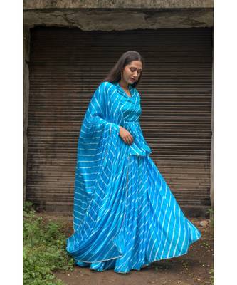 blue pure hand tie and die lehenga with bijiya and white tassels 4
