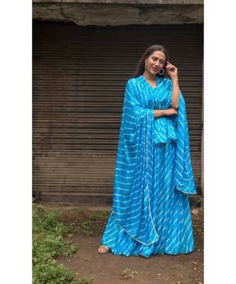 blue pure hand tie and die lehenga with bijiya and white tassels 5