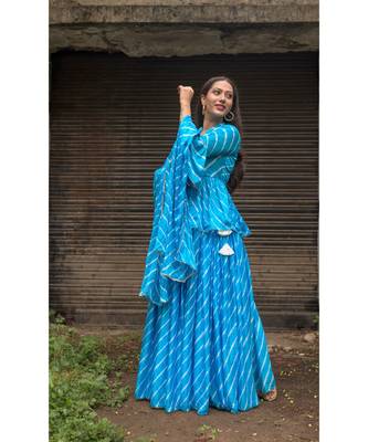 blue pure hand tie and die lehenga with bijiya and white tassels 6