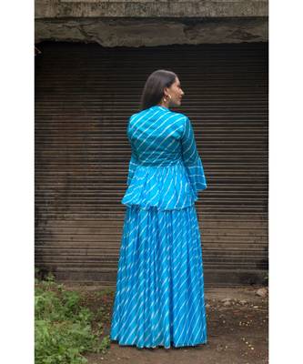blue pure hand tie and die lehenga with bijiya and white tassels 7