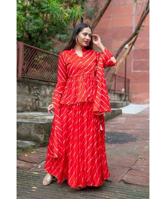 red pure hand tie and die lehenga with bijiya and white tassels 1