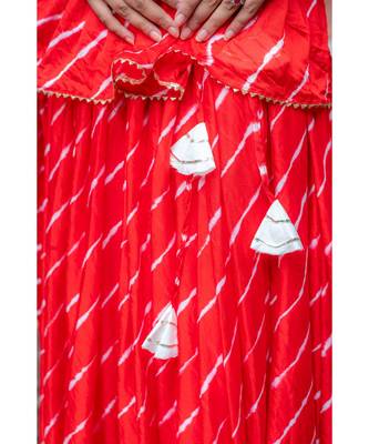 red pure hand tie and die lehenga with bijiya and white tassels 3