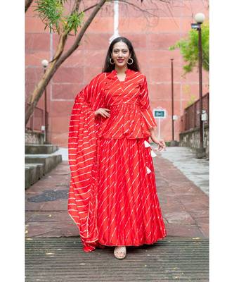 red pure hand tie and die lehenga with bijiya and white tassels 4