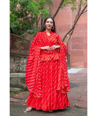 red pure hand tie and die lehenga with bijiya and white tassels 6