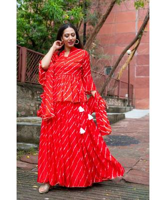 red pure hand tie and die lehenga with bijiya and white tassels 8