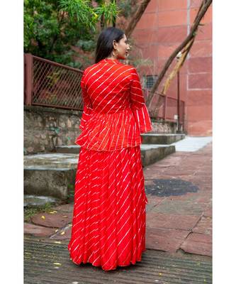 red pure hand tie and die lehenga with bijiya and white tassels 9