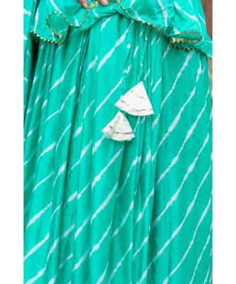 green pure hand tie and die lehenga with bijiya and white tassels 9