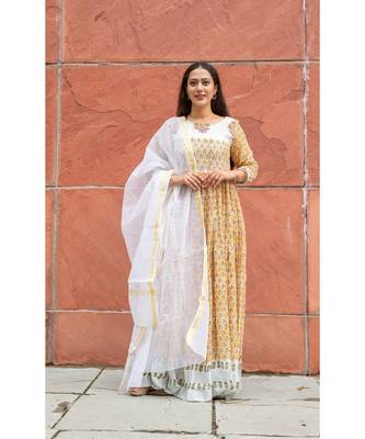 yellow pure hand block printed linen gown with kota doriya chunni 1