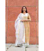 yellow pure hand block printed linen gown with kota doriya chunni
