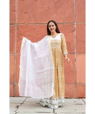 yellow pure hand block printed linen gown with kota doriya chunni 2