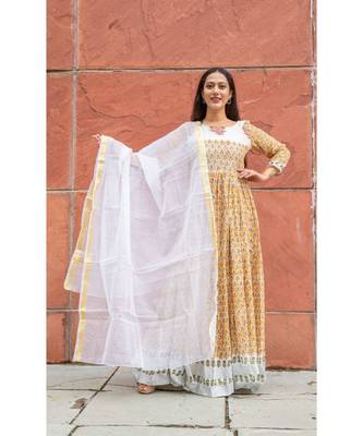 yellow pure hand block printed linen gown with kota doriya chunni 3