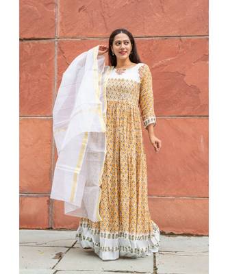 yellow pure hand block printed linen gown with kota doriya chunni 4