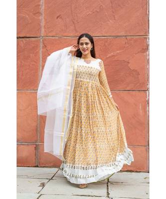 yellow pure hand block printed linen gown with kota doriya chunni 5