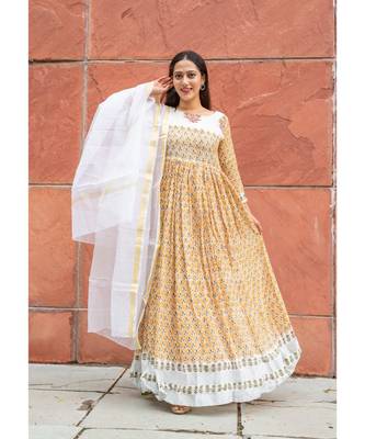 yellow pure hand block printed linen gown with kota doriya chunni 6