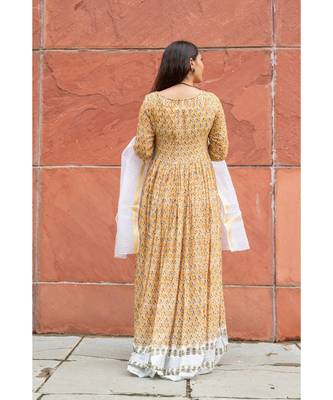 yellow pure hand block printed linen gown with kota doriya chunni 7