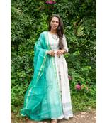 green pure hand block printed linen gown with kota doriya chunni