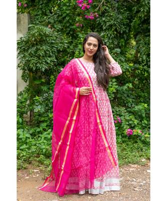 pink pure hand block printed linen gown with kota doriya chunni 1