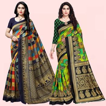 multicolor Lichi Printed Festive Wear Saree With Blouse (Pack of 2) 1