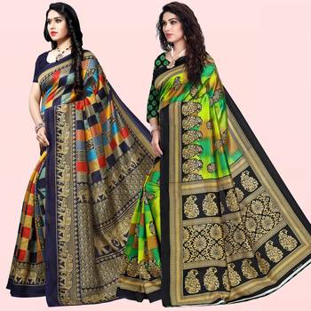 multicolor Lichi Printed Festive Wear Saree With Blouse (Pack of 2) 2