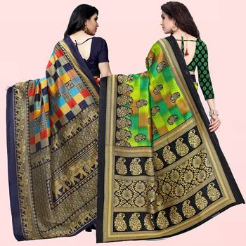 multicolor Lichi Printed Festive Wear Saree With Blouse (Pack of 2) 3