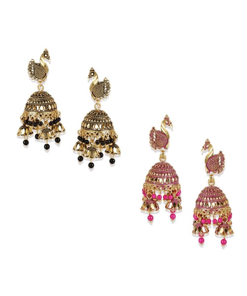 Gold Plated Meenakari Designed Jhumka Earring For Women   Combo of 2 Pearl Alloy Jhumki Earring