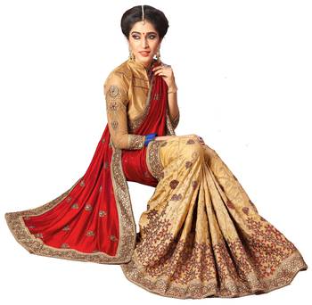 Trendmalls Light Red Silk Fabric Embroidery Designer Indian Wedding Saree with Blouse 3