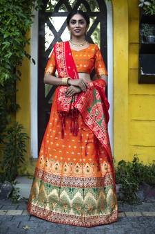Dark-orange woven silk semi stitched lehenga