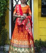 Dark-orange woven silk semi stitched lehenga