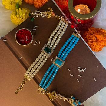 Gold Plated Hanging Pearl Beaded Lumba Rakhi for Bhabhi (Pack of 2 Pcs) 1