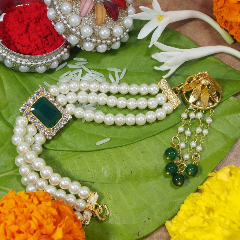 Gold Plated Hanging Pearl Beaded Lumba Rakhi for Bhabhi (Pack of 1)