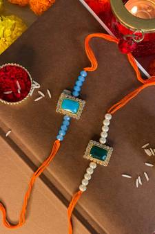 Gold Plated Designer Stone Studded Pearl Rakhi Combo Bracelet (Pack of 2)
