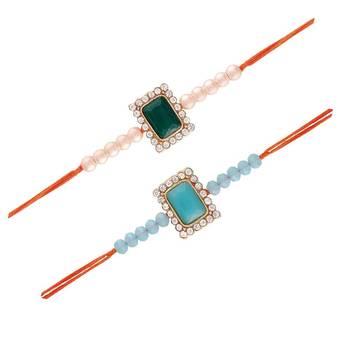 Gold Plated Designer Stone Studded Pearl Rakhi Combo Bracelet (Pack of 2) 2
