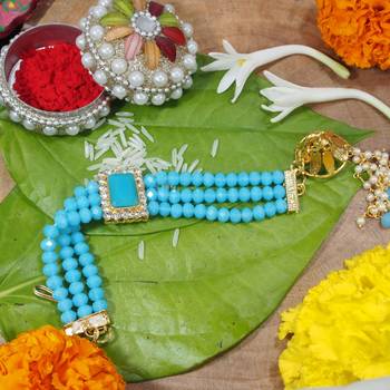Gold Plated Hanging Pearl Beaded Lumba Rakhi for Bhabhi (Pack of 1) 1