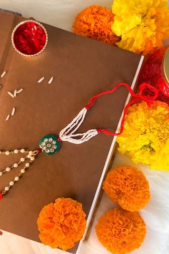 Gold Plated Hanging Pearl Beaded Lumba Rakhi for Bhabhi (Pack of 2 Pcs)