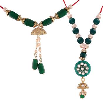 Gold Plated Hanging Pearl Beaded Lumba Rakhi for Bhabhi (Pack of 2) 1