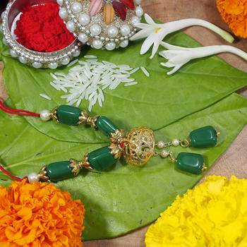 Gold Plated Hanging Pearl Beaded Lumba Rakhi for Bhabhi (Pack of 2) 2