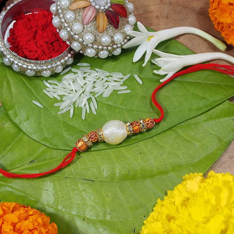 Designer White Pearl Beaded Combo Rakhi Bracelet (Pack of 5)