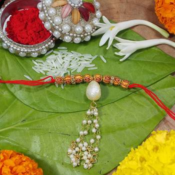 Gold Plated Hanging Pearl Beaded Lumba Rakhi for Bhabhi (Pack of 2 Pcs) 3